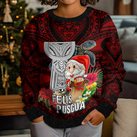 Guam Christmas Kid Ugly Christmas Sweater Santa Gift Latte Stone and Sea Turle Mix Hibiscus Chamorro Red Style LT03 - Polynesian Pride