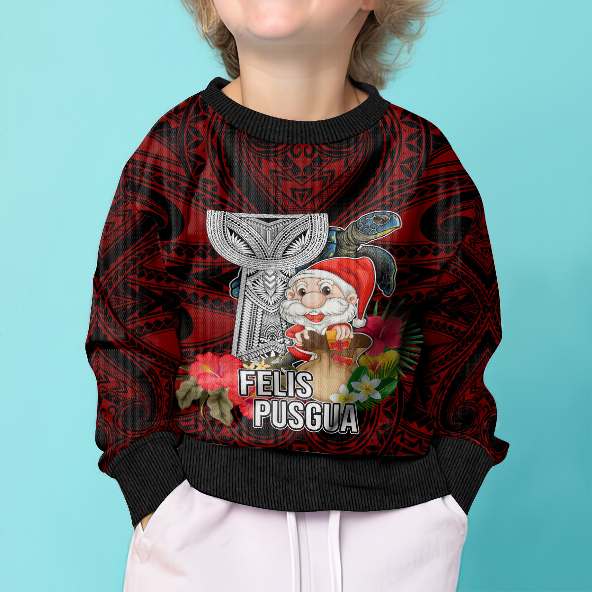 Guam Christmas Kid Ugly Christmas Sweater Santa Gift Latte Stone and Sea Turle Mix Hibiscus Chamorro Red Style LT03 - Polynesian Pride