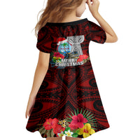 Guam Christmas Kid Short Sleeve Dress Santa Gift Latte Stone and Sea Turle Mix Hibiscus Chamorro Red Style LT03