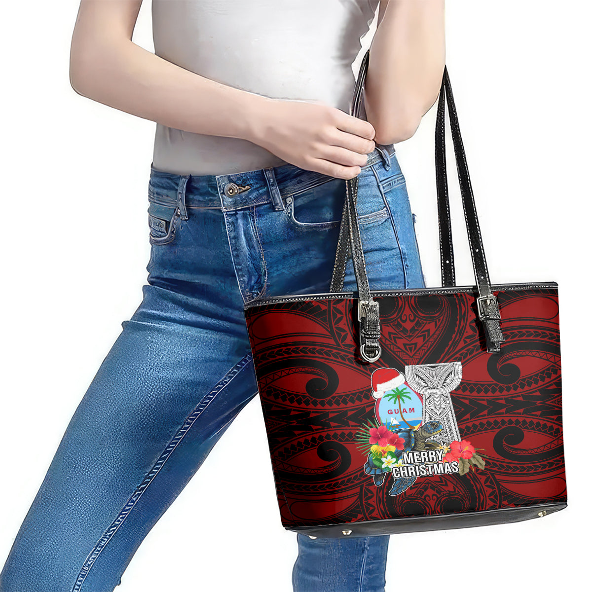 Guam Christmas Leather Tote Bag Santa Gift Latte Stone and Sea Turle Mix Hibiscus Chamorro Red Style LT03