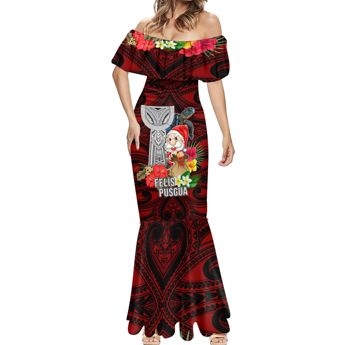 Guam Christmas Mermaid Dress Santa Gift Latte Stone and Sea Turle Mix Hibiscus Chamorro Red Style LT03