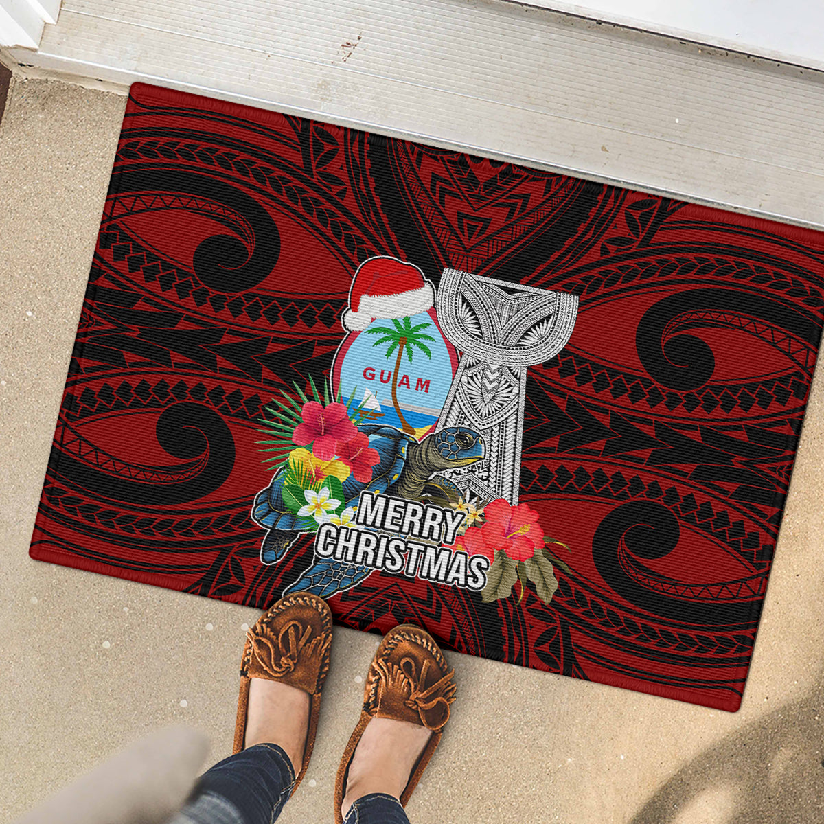 Guam Christmas Rubber Doormat Santa Gift Latte Stone and Sea Turle Mix Hibiscus Chamorro Red Style LT03