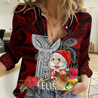 Guam Christmas Women Casual Shirt Santa Gift Latte Stone and Sea Turle Mix Hibiscus Chamorro Red Style LT03