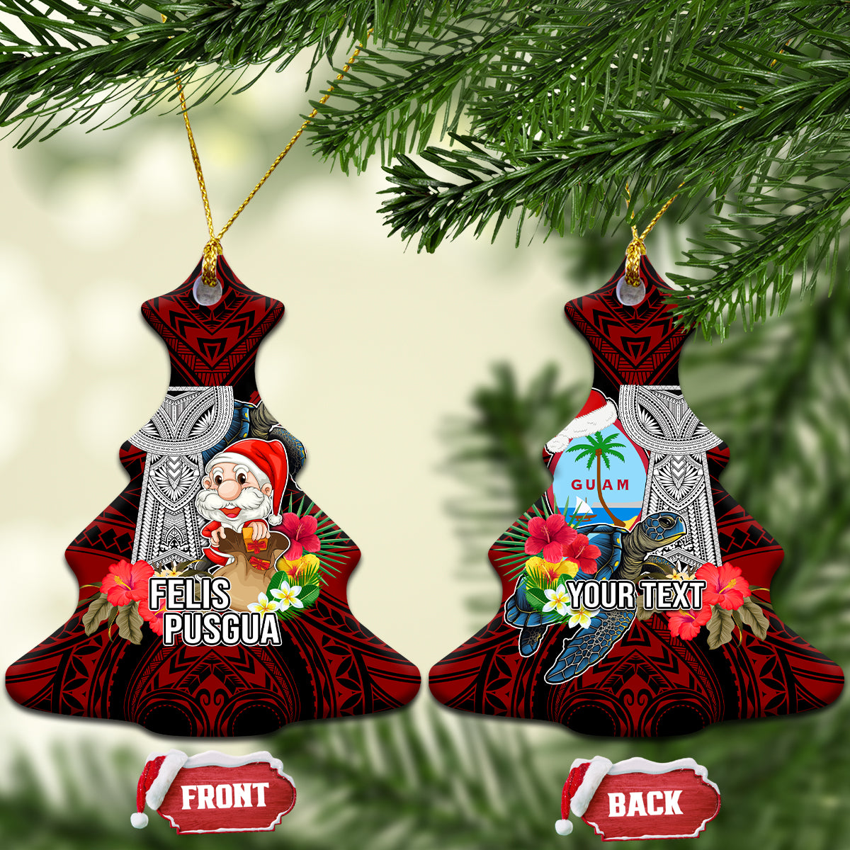 Custom Guam Christmas Ceramic Ornament Santa Gift Latte Stone and Sea Turle Mix Hibiscus Chamorro Red Style LT03