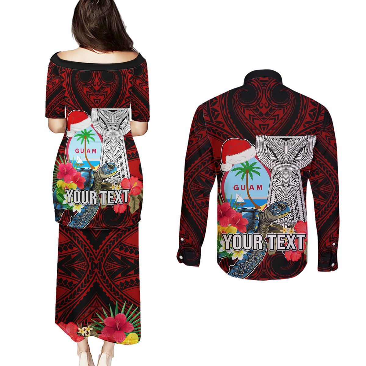 Custom Guam Christmas Couples Matching Puletasi Dress and Long Sleeve Button Shirt Santa Gift Latte Stone and Sea Turle Mix Hibiscus Chamorro Red Style LT03 - Polynesian Pride