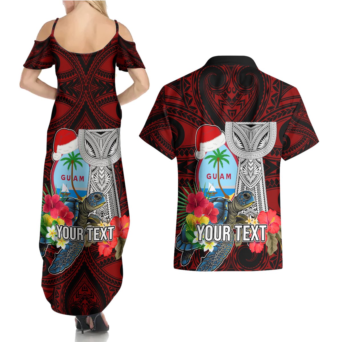 Custom Guam Christmas Couples Matching Summer Maxi Dress and Hawaiian Shirt Santa Gift Latte Stone and Sea Turle Mix Hibiscus Chamorro Red Style LT03