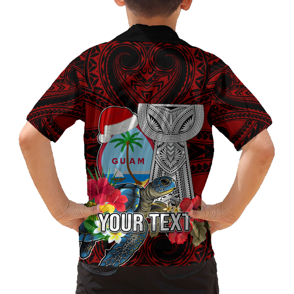 Custom Guam Christmas Family Matching Long Sleeve Bodycon Dress and Hawaiian Shirt Santa Gift Latte Stone and Sea Turle Mix Hibiscus Chamorro Red Style LT03