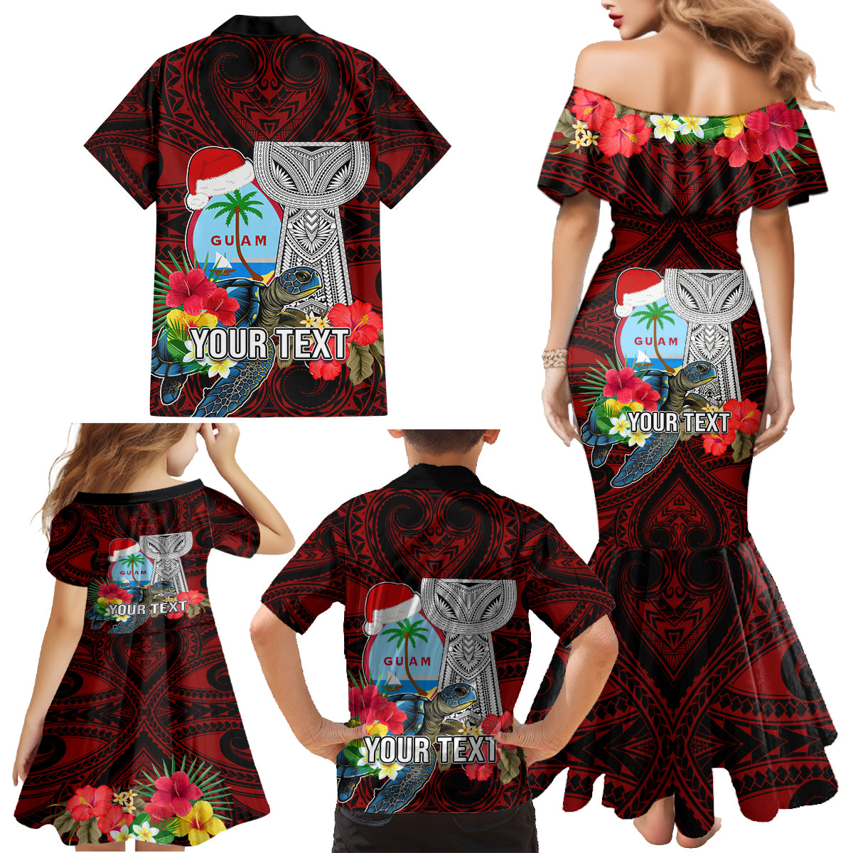 Custom Guam Christmas Family Matching Mermaid Dress and Hawaiian Shirt Santa Gift Latte Stone and Sea Turle Mix Hibiscus Chamorro Red Style LT03