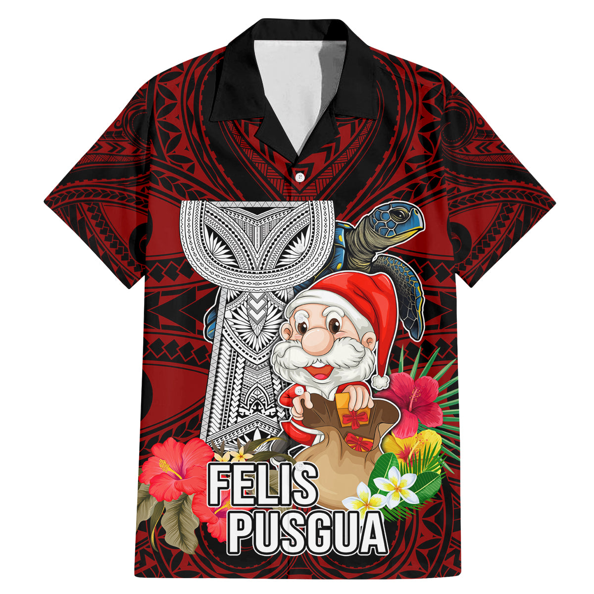 Custom Guam Christmas Family Matching Mermaid Dress and Hawaiian Shirt Santa Gift Latte Stone and Sea Turle Mix Hibiscus Chamorro Red Style LT03