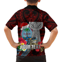 Custom Guam Christmas Family Matching Off Shoulder Long Sleeve Dress and Hawaiian Shirt Santa Gift Latte Stone and Sea Turle Mix Hibiscus Chamorro Red Style LT03