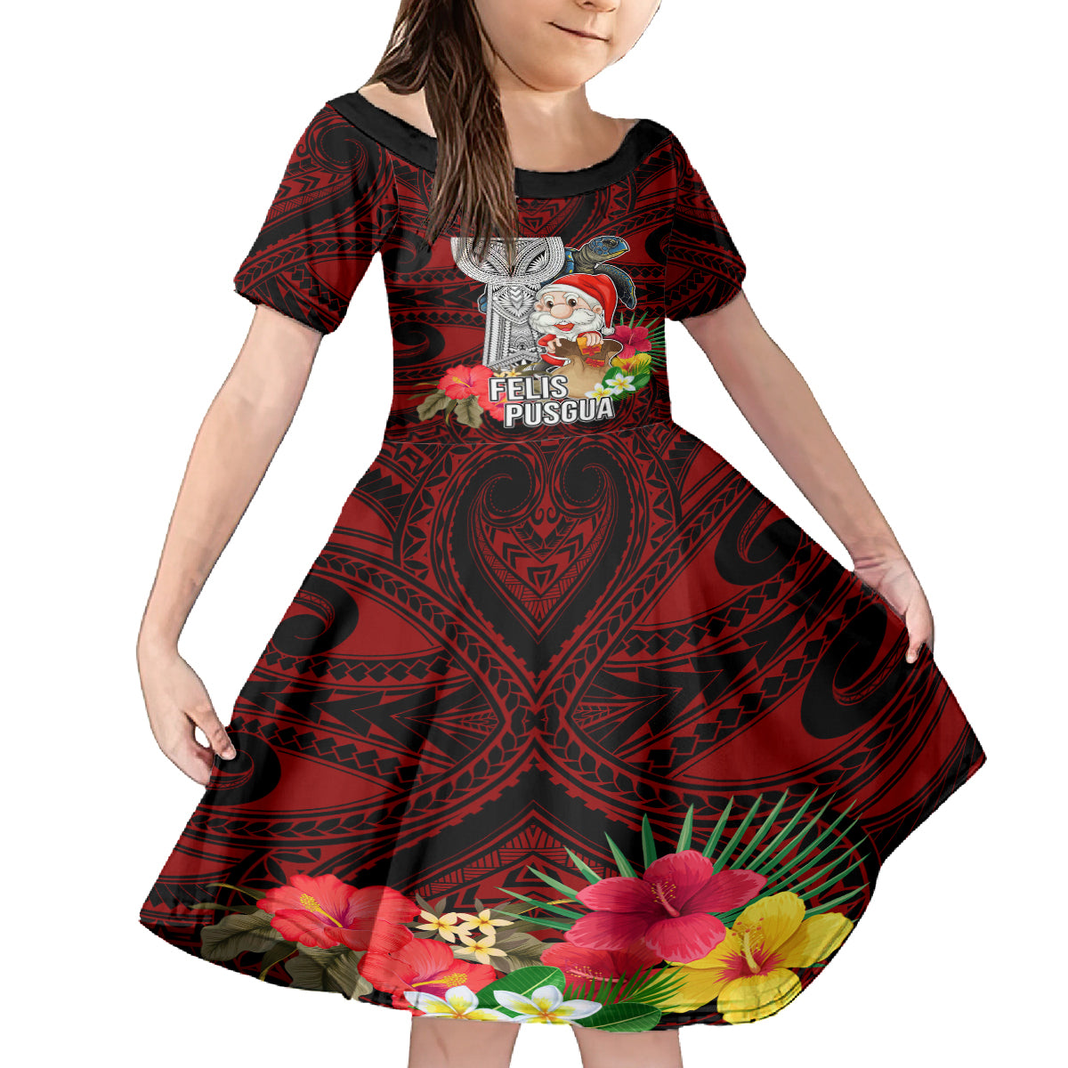 Custom Guam Christmas Family Matching Puletasi Dress and Hawaiian Shirt Santa Gift Latte Stone and Sea Turle Mix Hibiscus Chamorro Red Style LT03