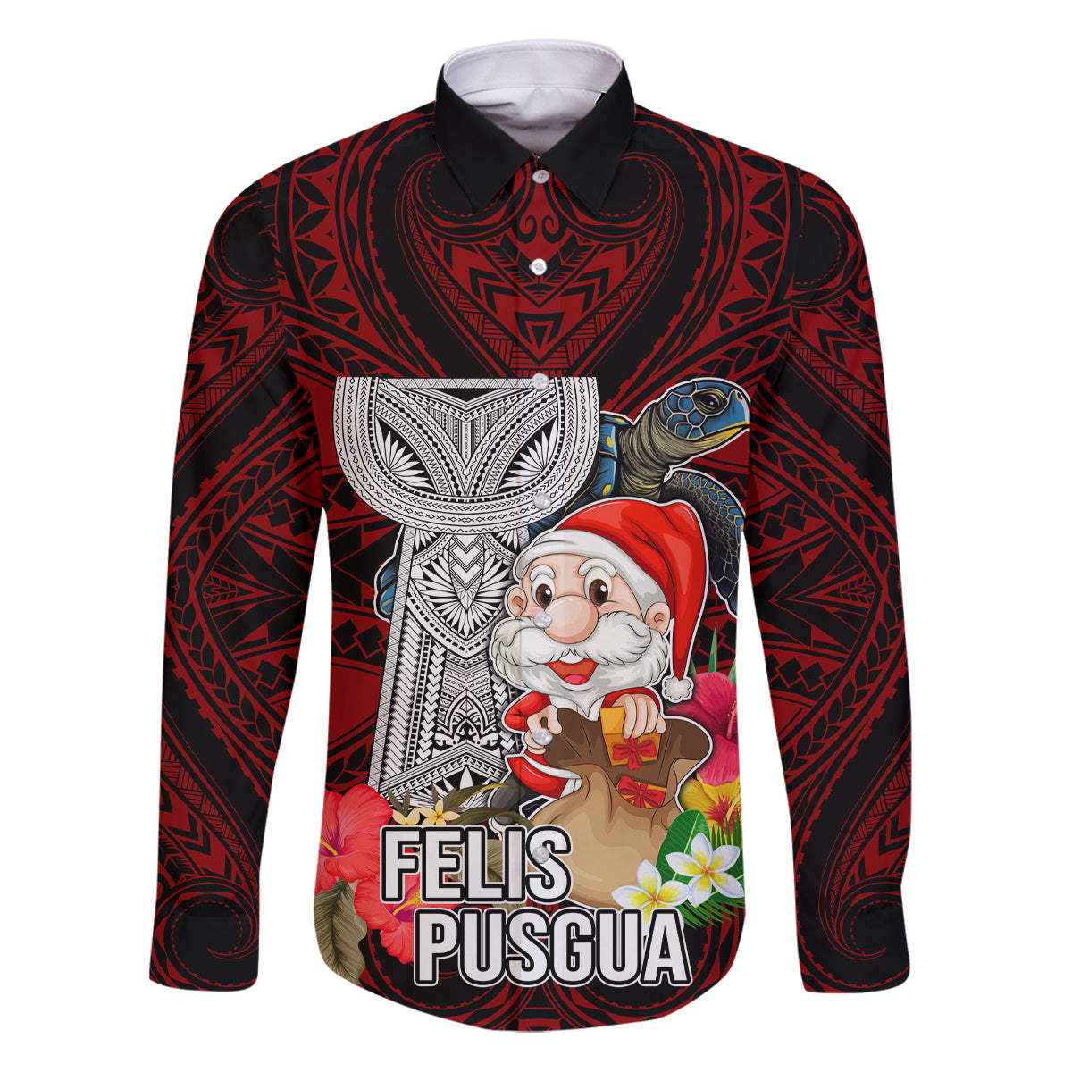 Custom Guam Christmas Family Matching Puletasi Dress and Hawaiian Shirt Santa Gift Latte Stone and Sea Turle Mix Hibiscus Chamorro Red Style LT03