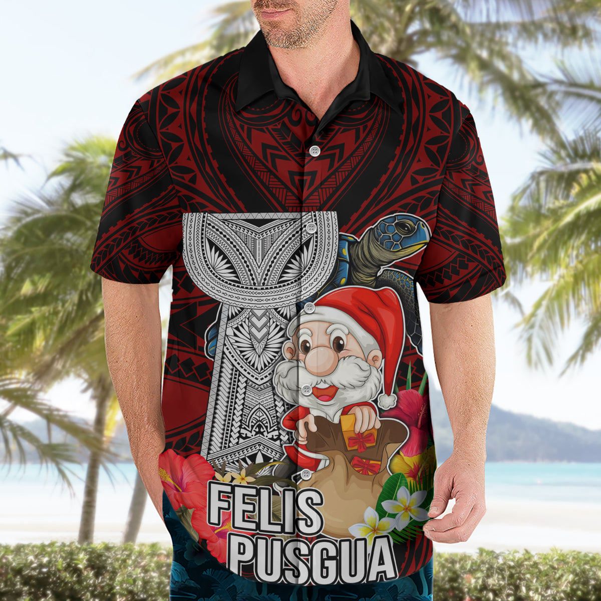 Custom Guam Christmas Hawaiian Shirt Santa Gift Latte Stone and Sea Turle Mix Hibiscus Chamorro Red Style LT03