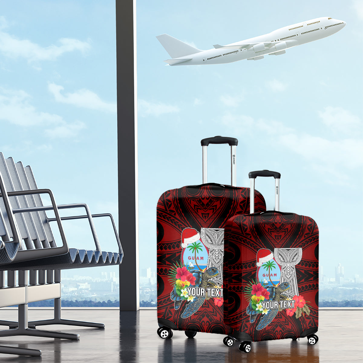 Custom Guam Christmas Luggage Cover Santa Gift Latte Stone and Sea Turle Mix Hibiscus Chamorro Red Style LT03