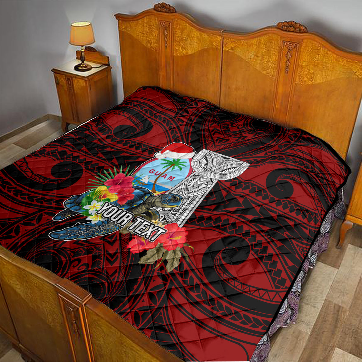 Custom Guam Christmas Quilt Santa Gift Latte Stone and Sea Turle Mix Hibiscus Chamorro Red Style LT03 - Polynesian Pride