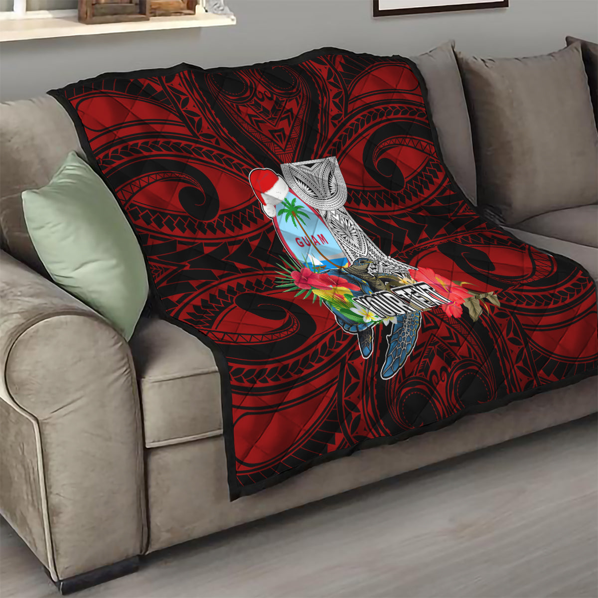 Custom Guam Christmas Quilt Santa Gift Latte Stone and Sea Turle Mix Hibiscus Chamorro Red Style LT03 - Polynesian Pride