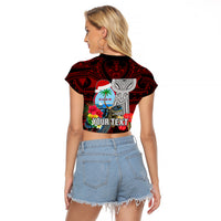 Custom Guam Christmas Raglan Cropped T Shirt Santa Gift Latte Stone and Sea Turle Mix Hibiscus Chamorro Red Style LT03