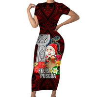 Custom Guam Christmas Short Sleeve Bodycon Dress Santa Gift Latte Stone and Sea Turle Mix Hibiscus Chamorro Red Style LT03