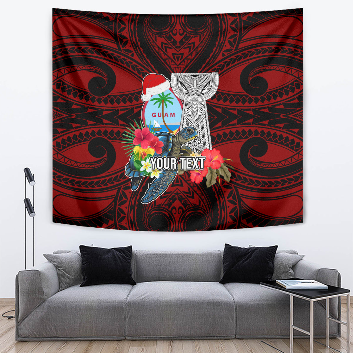 Custom Guam Christmas Tapestry Santa Gift Latte Stone and Sea Turle Mix Hibiscus Chamorro Red Style LT03 Red - Polynesian Pride