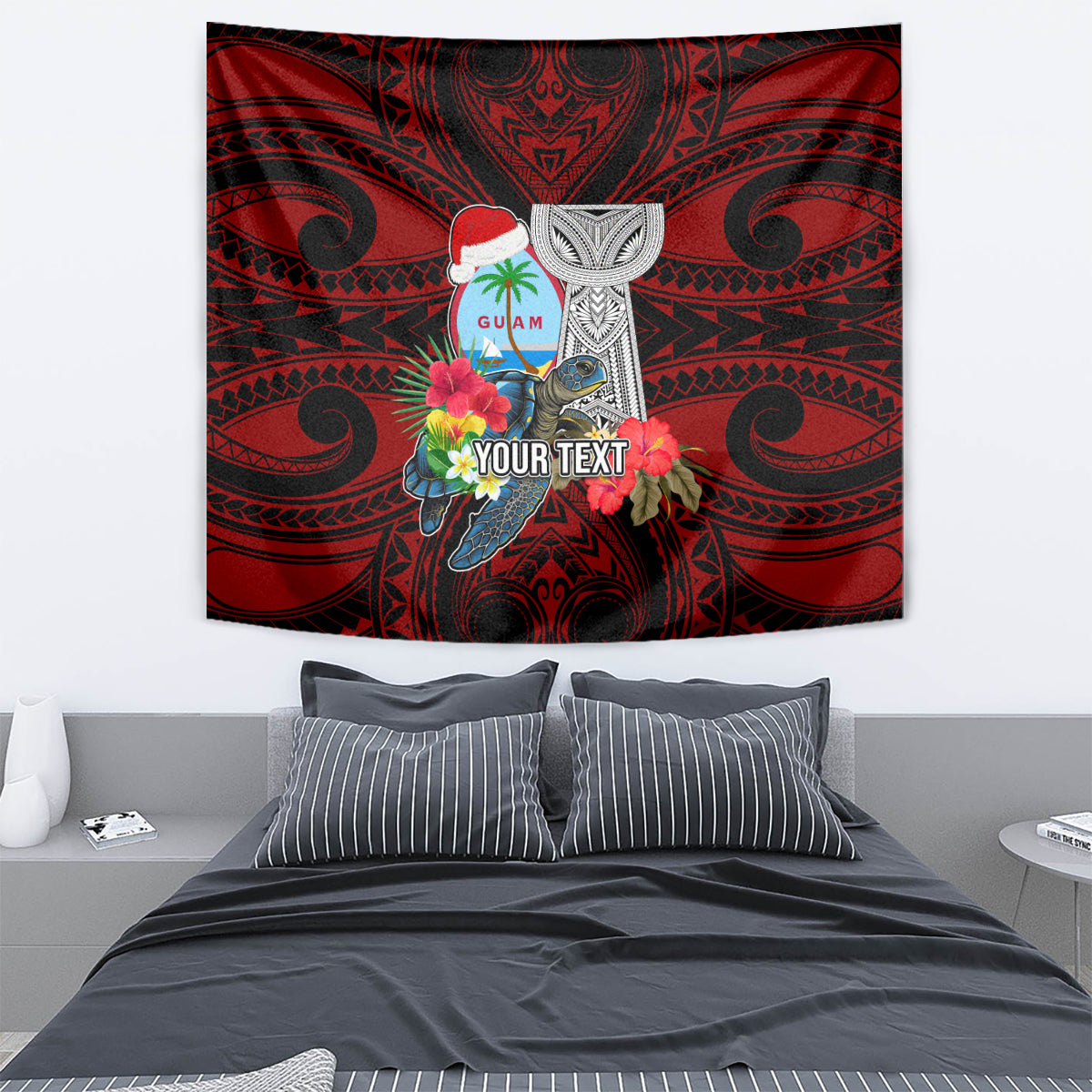 Custom Guam Christmas Tapestry Santa Gift Latte Stone and Sea Turle Mix Hibiscus Chamorro Red Style LT03 - Polynesian Pride
