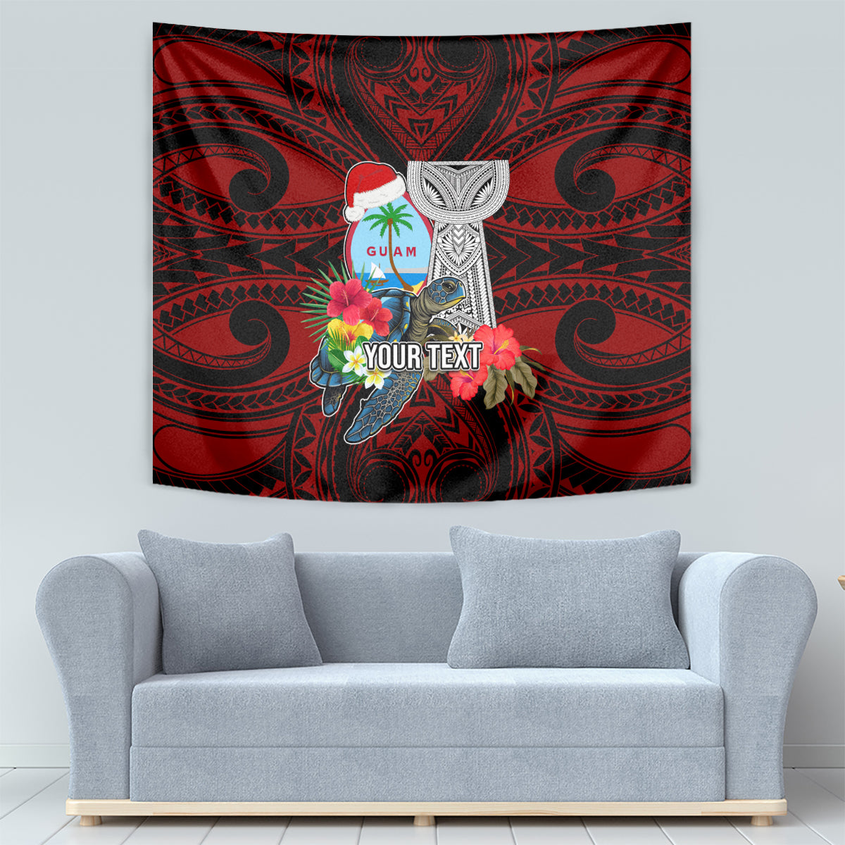 Custom Guam Christmas Tapestry Santa Gift Latte Stone and Sea Turle Mix Hibiscus Chamorro Red Style LT03 - Polynesian Pride