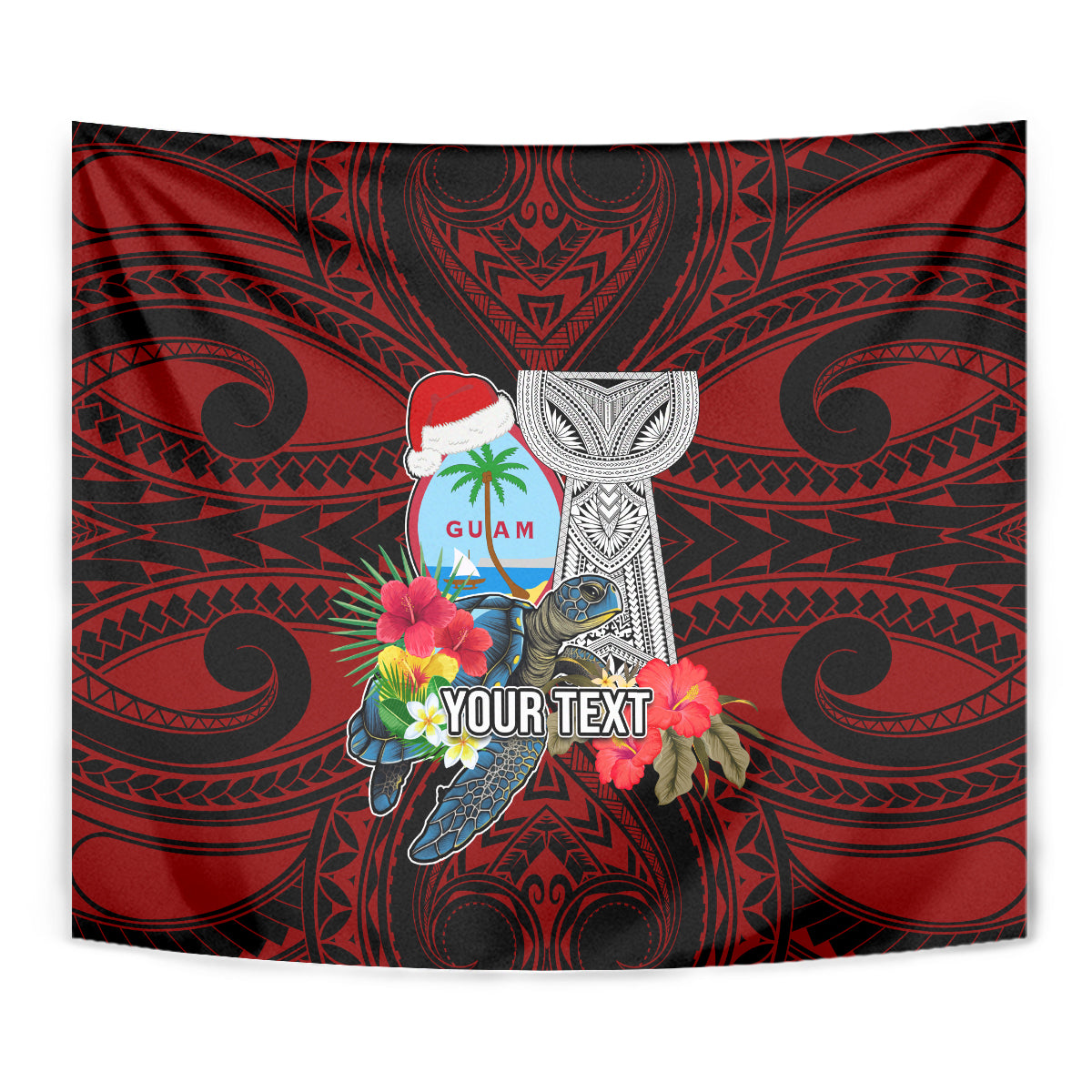 Custom Guam Christmas Tapestry Santa Gift Latte Stone and Sea Turle Mix Hibiscus Chamorro Red Style LT03 - Polynesian Pride
