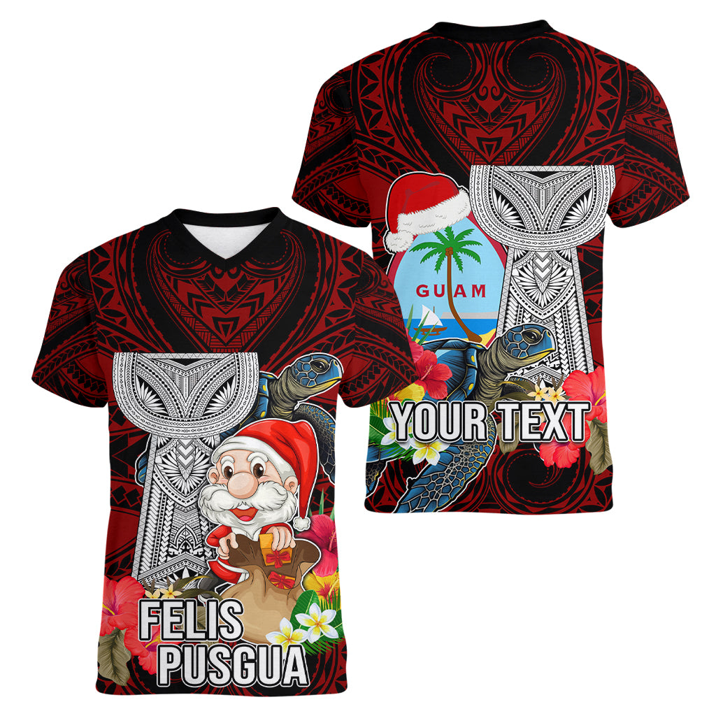 Custom Guam Christmas Women V Neck T Shirt Santa Gift Latte Stone and Sea Turle Mix Hibiscus Chamorro Red Style LT03