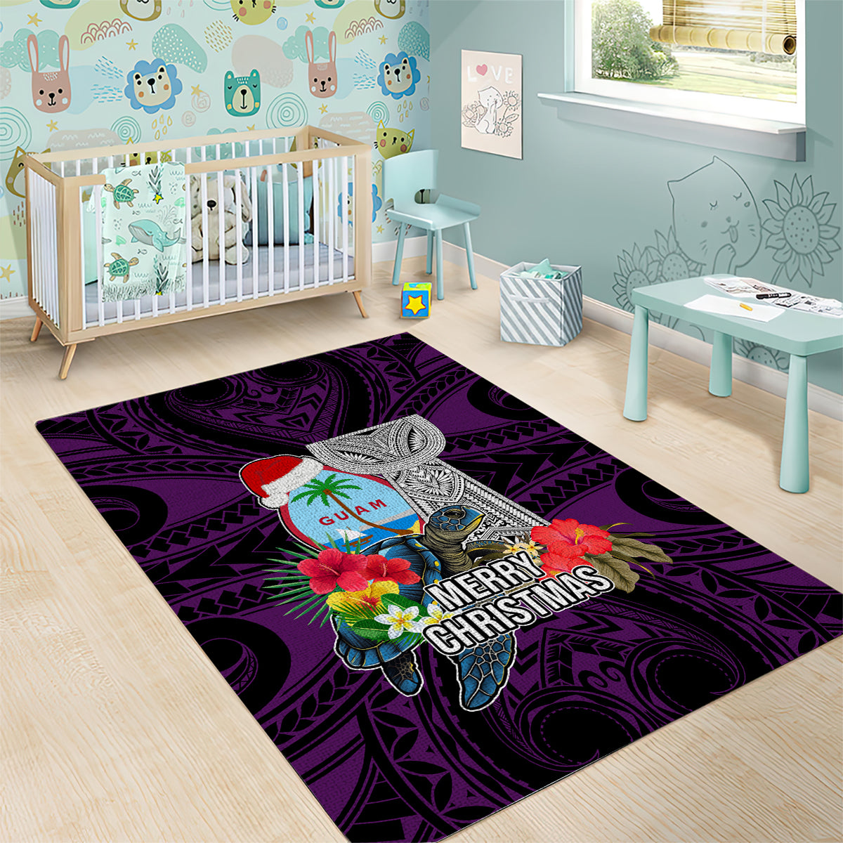 Guam Christmas Area Rug Santa Gift Latte Stone and Sea Turle Mix Hibiscus Chamorro Pink Style LT03