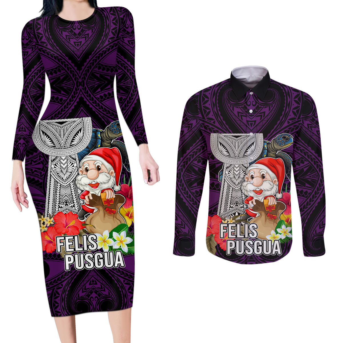 Guam Christmas Couples Matching Long Sleeve Bodycon Dress and Long Sleeve Button Shirt Santa Gift Latte Stone and Sea Turle Mix Hibiscus Chamorro Pink Style LT03