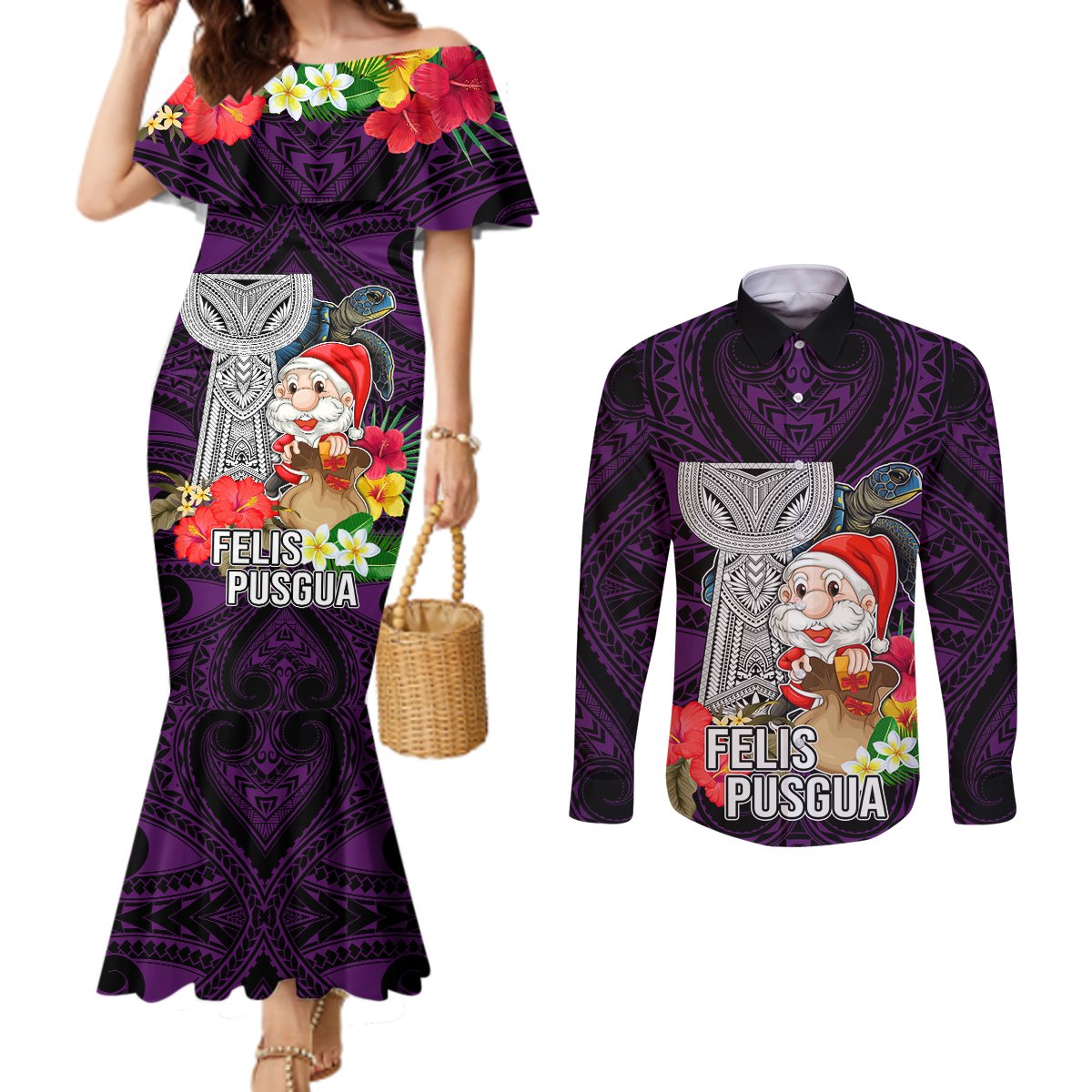 Guam Christmas Couples Matching Mermaid Dress and Long Sleeve Button Shirt Santa Gift Latte Stone and Sea Turle Mix Hibiscus Chamorro Pink Style LT03