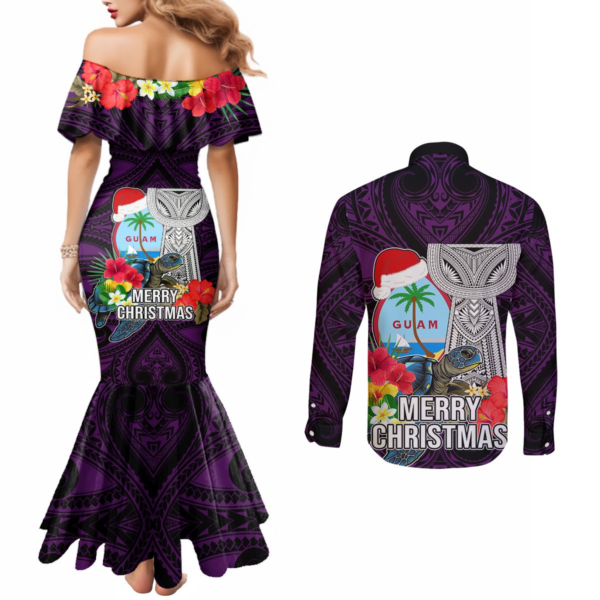 Guam Christmas Couples Matching Mermaid Dress and Long Sleeve Button Shirt Santa Gift Latte Stone and Sea Turle Mix Hibiscus Chamorro Pink Style LT03
