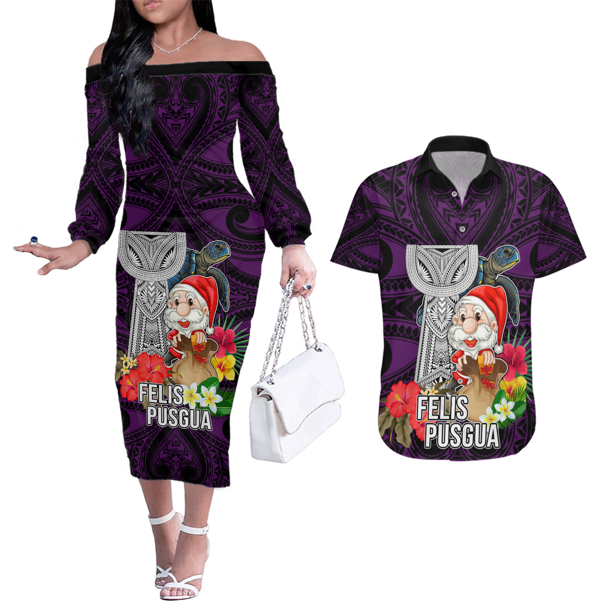 Guam Christmas Couples Matching Off The Shoulder Long Sleeve Dress and Hawaiian Shirt Santa Gift Latte Stone and Sea Turle Mix Hibiscus Chamorro Pink Style LT03