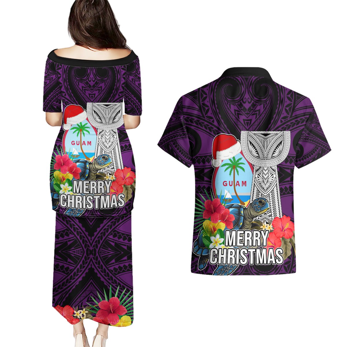 Guam Christmas Couples Matching Puletasi Dress and Hawaiian Shirt Santa Gift Latte Stone and Sea Turle Mix Hibiscus Chamorro Pink Style LT03