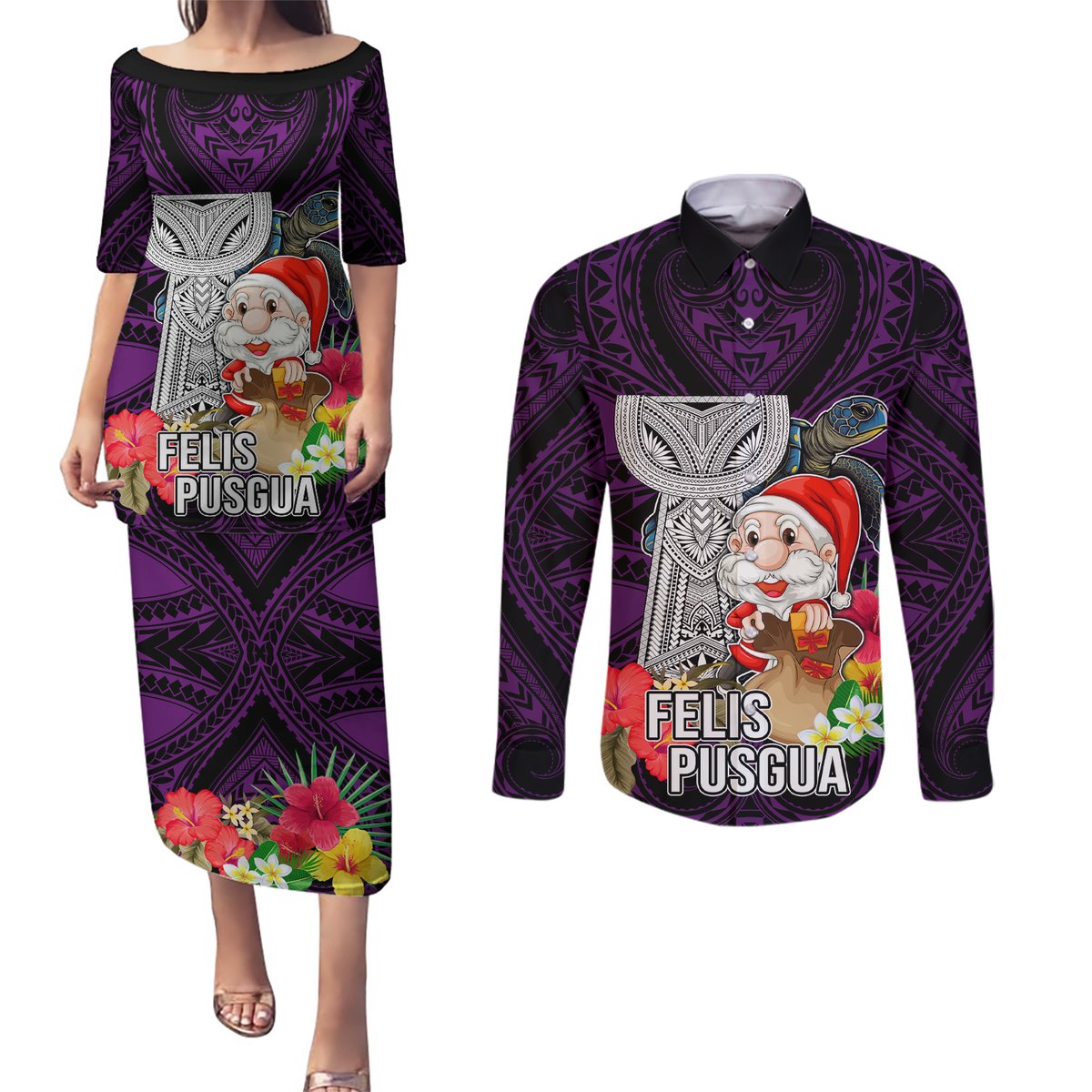 Guam Christmas Couples Matching Puletasi Dress and Long Sleeve Button Shirt Santa Gift Latte Stone and Sea Turle Mix Hibiscus Chamorro Pink Style LT03