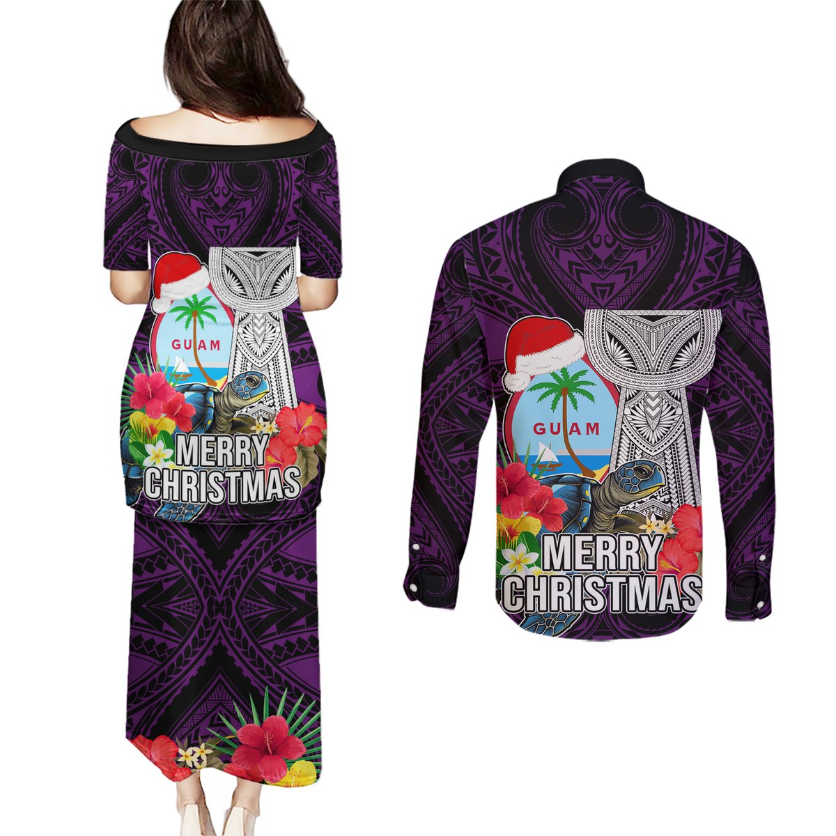 Guam Christmas Couples Matching Puletasi Dress and Long Sleeve Button Shirt Santa Gift Latte Stone and Sea Turle Mix Hibiscus Chamorro Pink Style LT03