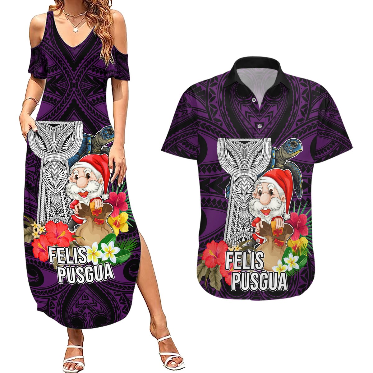 Guam Christmas Couples Matching Summer Maxi Dress and Hawaiian Shirt Santa Gift Latte Stone and Sea Turle Mix Hibiscus Chamorro Pink Style LT03