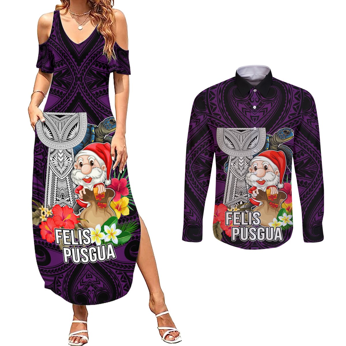 Guam Christmas Couples Matching Summer Maxi Dress and Long Sleeve Button Shirt Santa Gift Latte Stone and Sea Turle Mix Hibiscus Chamorro Pink Style LT03