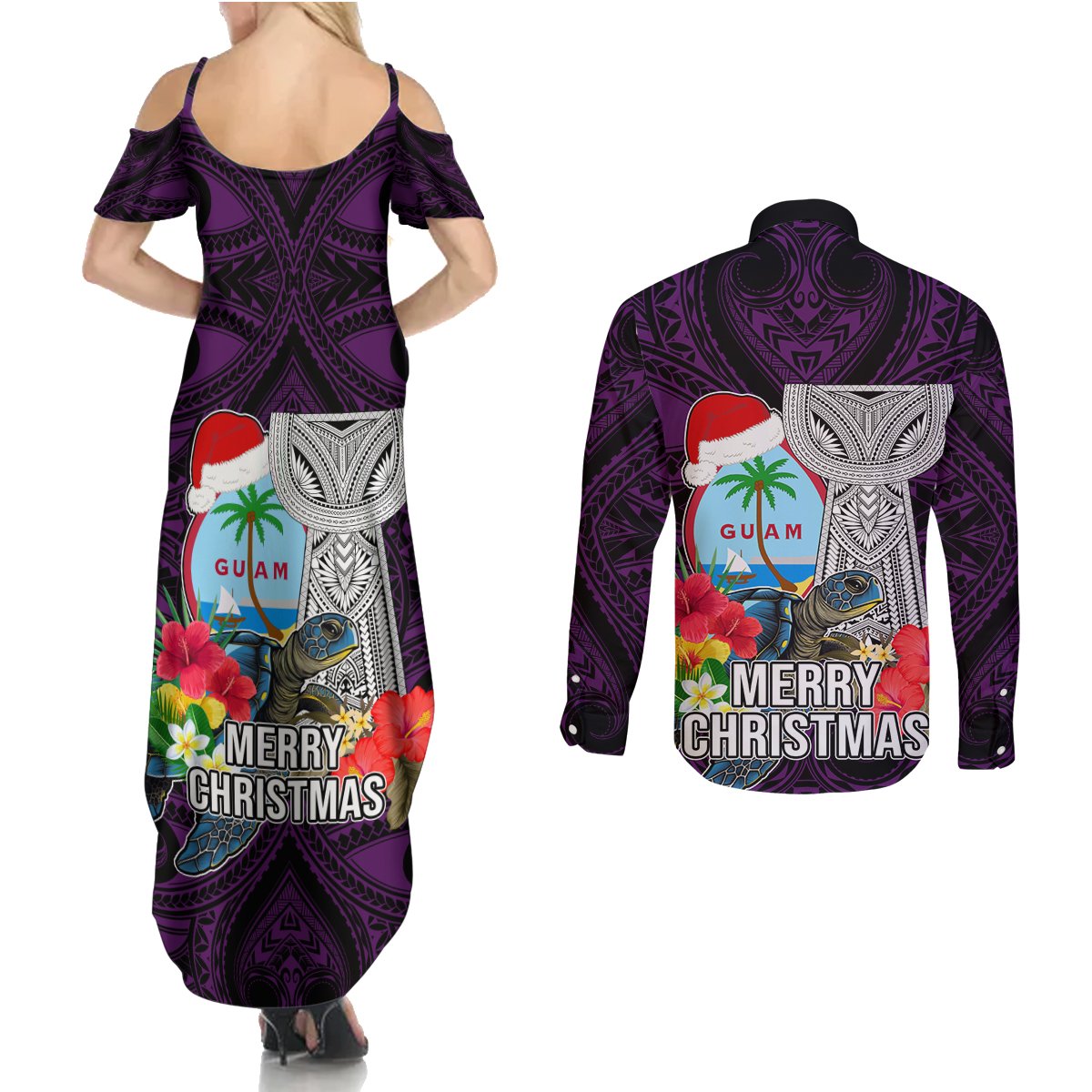 Guam Christmas Couples Matching Summer Maxi Dress and Long Sleeve Button Shirt Santa Gift Latte Stone and Sea Turle Mix Hibiscus Chamorro Pink Style LT03