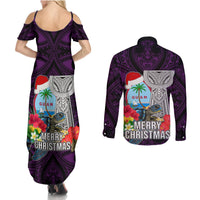 Guam Christmas Couples Matching Summer Maxi Dress and Long Sleeve Button Shirt Santa Gift Latte Stone and Sea Turle Mix Hibiscus Chamorro Pink Style LT03