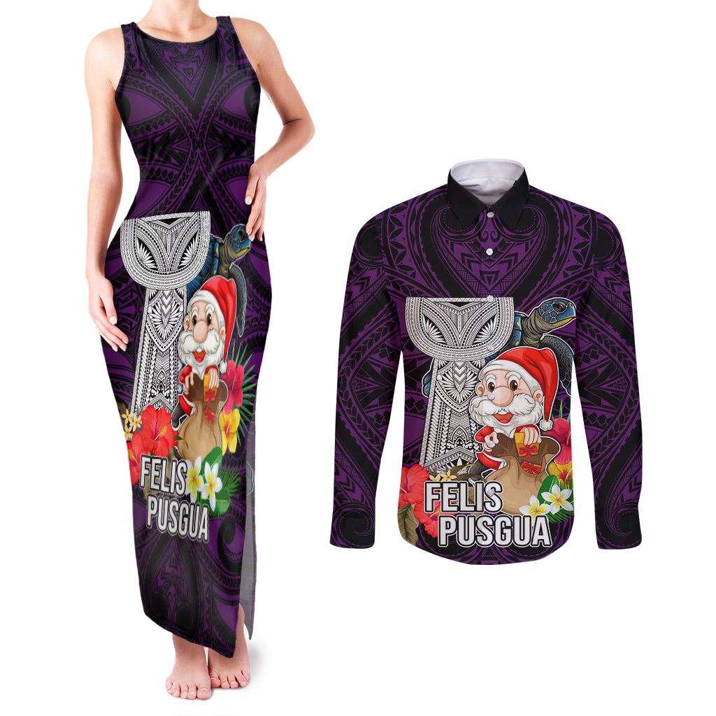Guam Christmas Couples Matching Tank Maxi Dress and Long Sleeve Button Shirt Santa Gift Latte Stone and Sea Turle Mix Hibiscus Chamorro Pink Style LT03