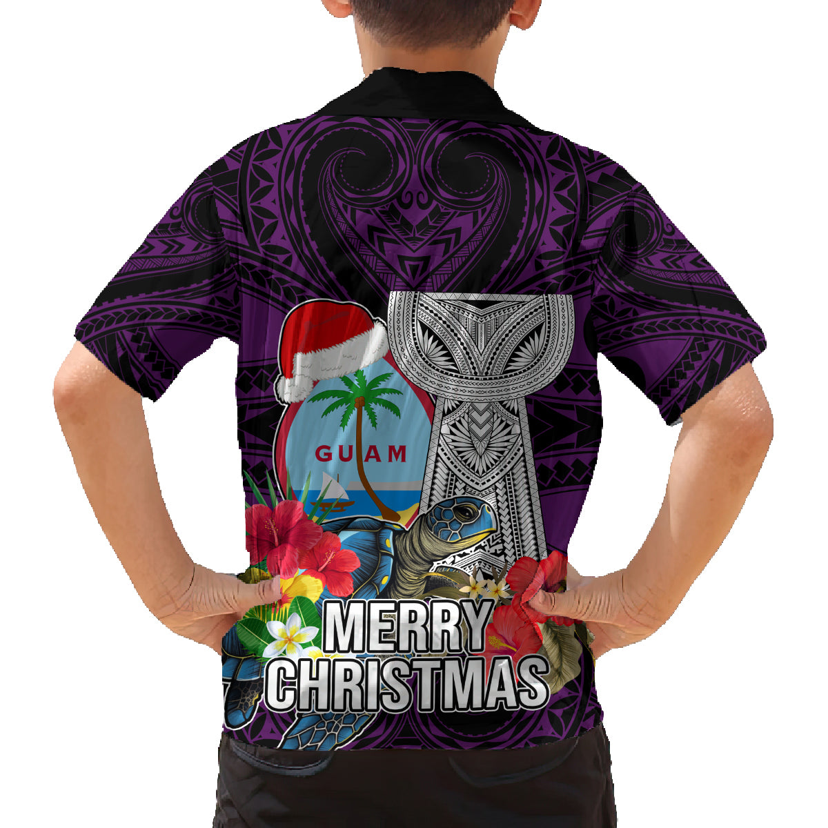 Guam Christmas Family Matching Long Sleeve Bodycon Dress and Hawaiian Shirt Santa Gift Latte Stone and Sea Turle Mix Hibiscus Chamorro Pink Style LT03 - Polynesian Pride