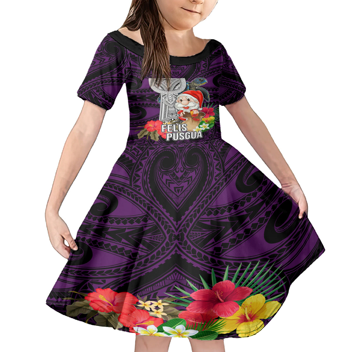 Guam Christmas Family Matching Long Sleeve Bodycon Dress and Hawaiian Shirt Santa Gift Latte Stone and Sea Turle Mix Hibiscus Chamorro Pink Style LT03 Daughter's Dress Pink - Polynesian Pride