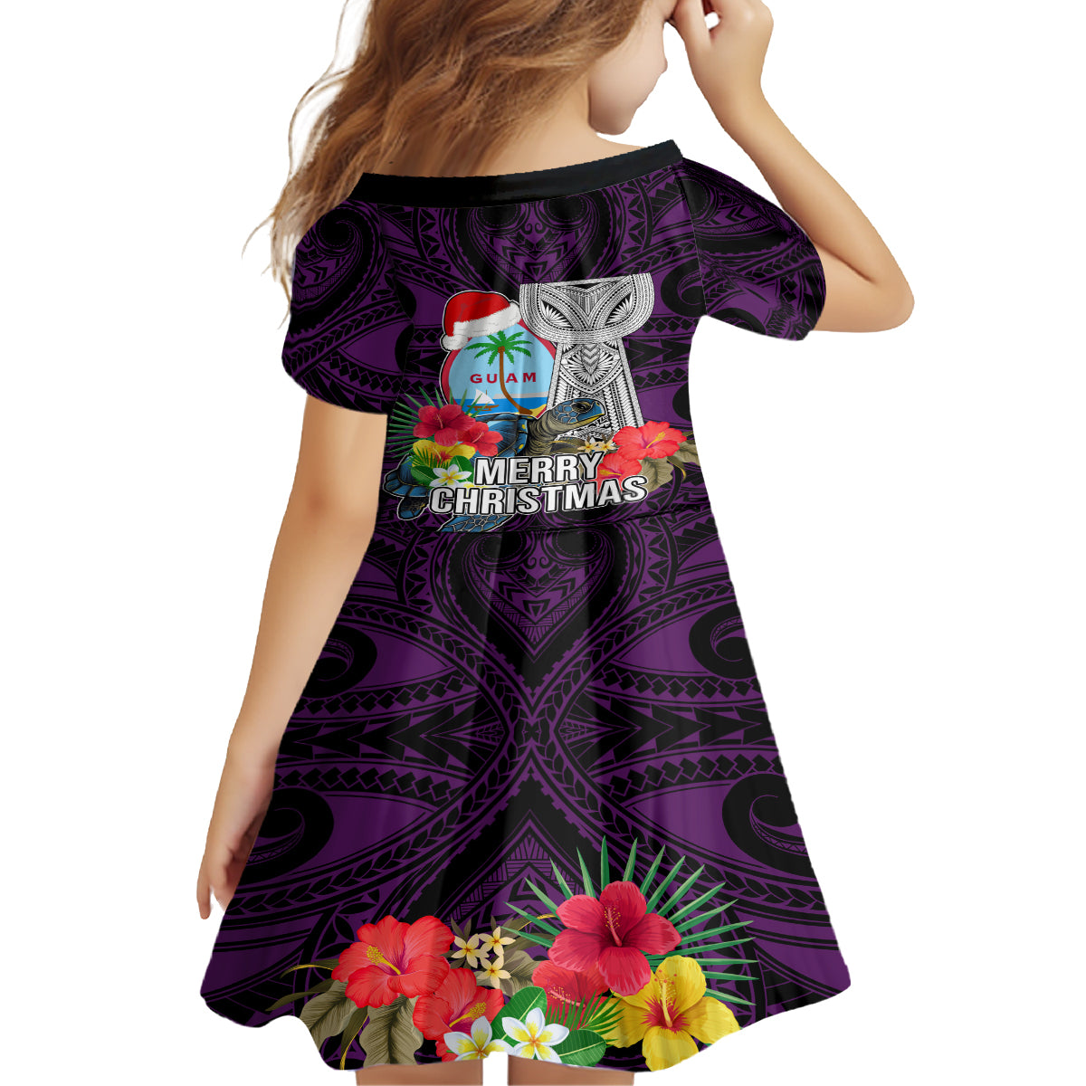 Guam Christmas Family Matching Long Sleeve Bodycon Dress and Hawaiian Shirt Santa Gift Latte Stone and Sea Turle Mix Hibiscus Chamorro Pink Style LT03 - Polynesian Pride