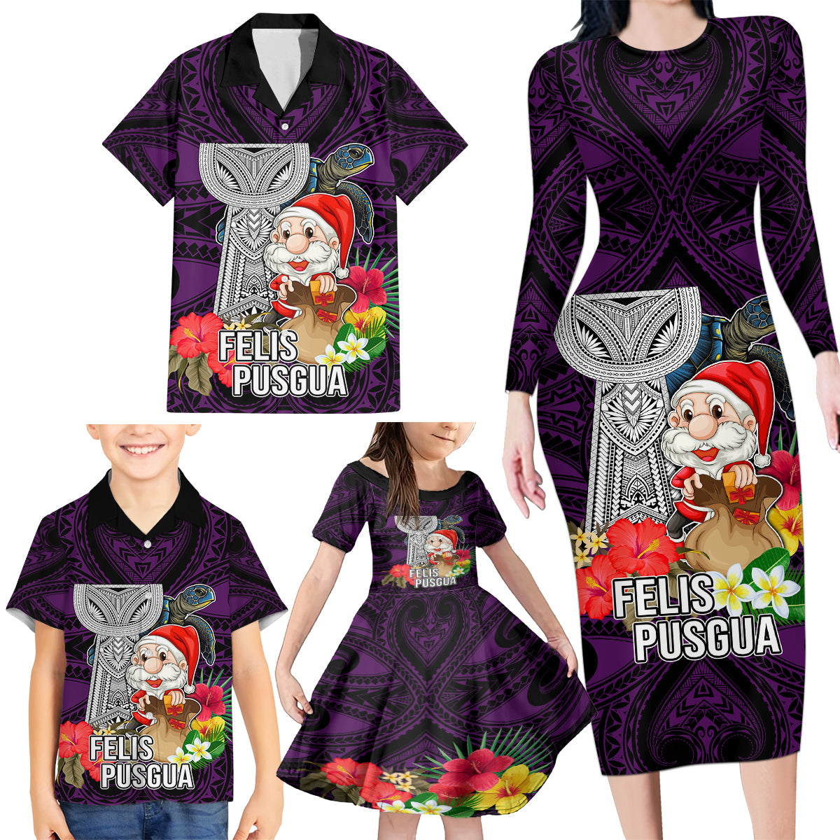 Guam Christmas Family Matching Long Sleeve Bodycon Dress and Hawaiian Shirt Santa Gift Latte Stone and Sea Turle Mix Hibiscus Chamorro Pink Style LT03 - Polynesian Pride