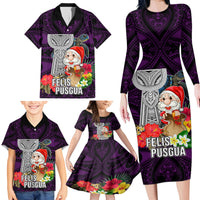 Guam Christmas Family Matching Long Sleeve Bodycon Dress and Hawaiian Shirt Santa Gift Latte Stone and Sea Turle Mix Hibiscus Chamorro Pink Style LT03 - Polynesian Pride