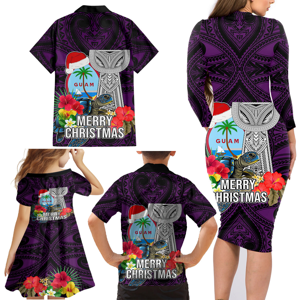 Guam Christmas Family Matching Long Sleeve Bodycon Dress and Hawaiian Shirt Santa Gift Latte Stone and Sea Turle Mix Hibiscus Chamorro Pink Style LT03 - Polynesian Pride