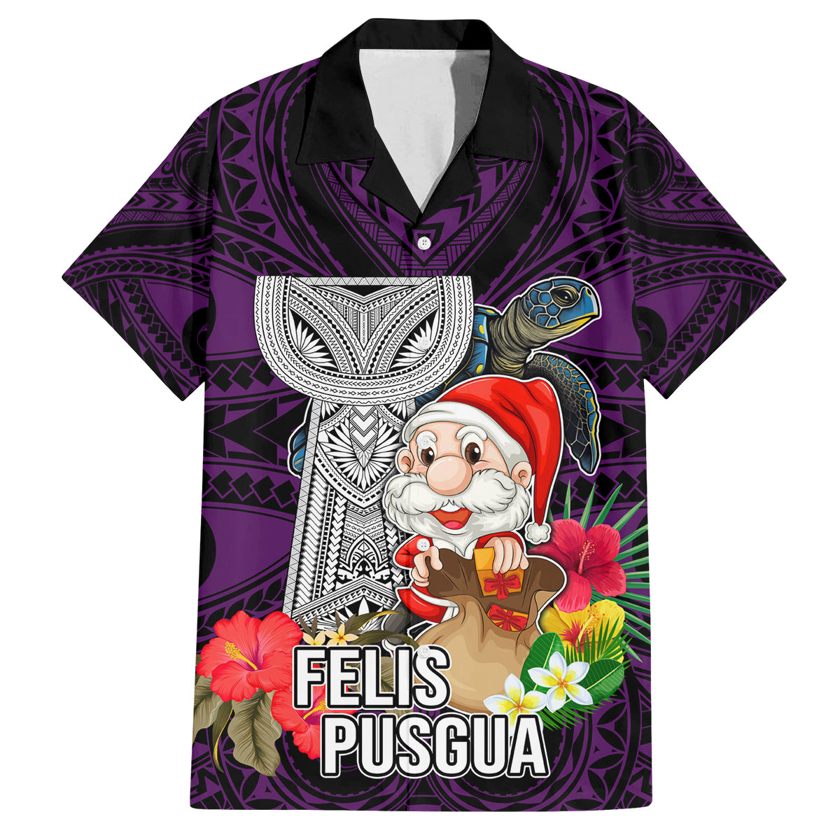 Guam Christmas Family Matching Long Sleeve Bodycon Dress and Hawaiian Shirt Santa Gift Latte Stone and Sea Turle Mix Hibiscus Chamorro Pink Style LT03 Dad's Shirt - Short Sleeve Pink - Polynesian Pride