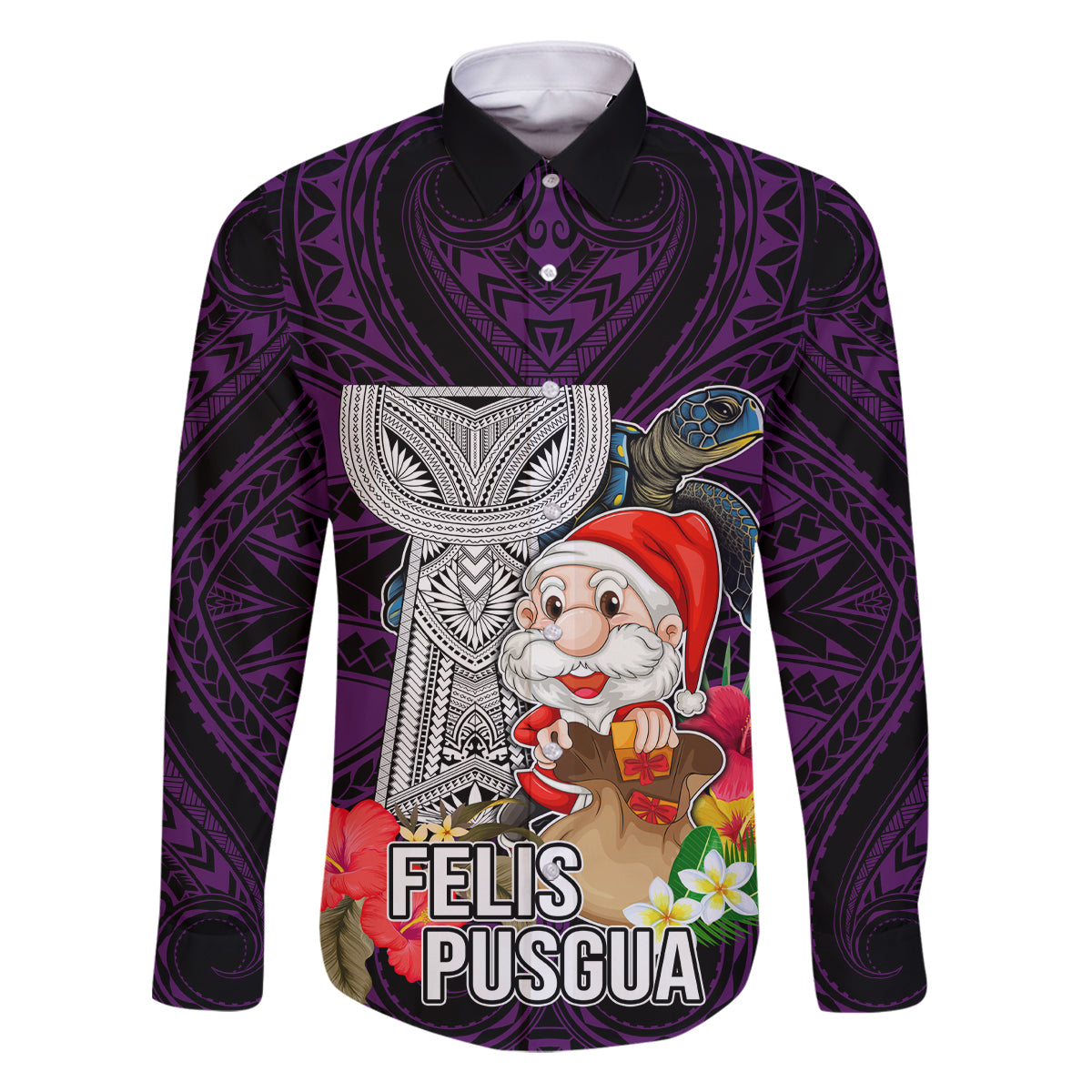 Guam Christmas Family Matching Long Sleeve Bodycon Dress and Hawaiian Shirt Santa Gift Latte Stone and Sea Turle Mix Hibiscus Chamorro Pink Style LT03 Dad's Shirt - Long Sleeve Pink - Polynesian Pride