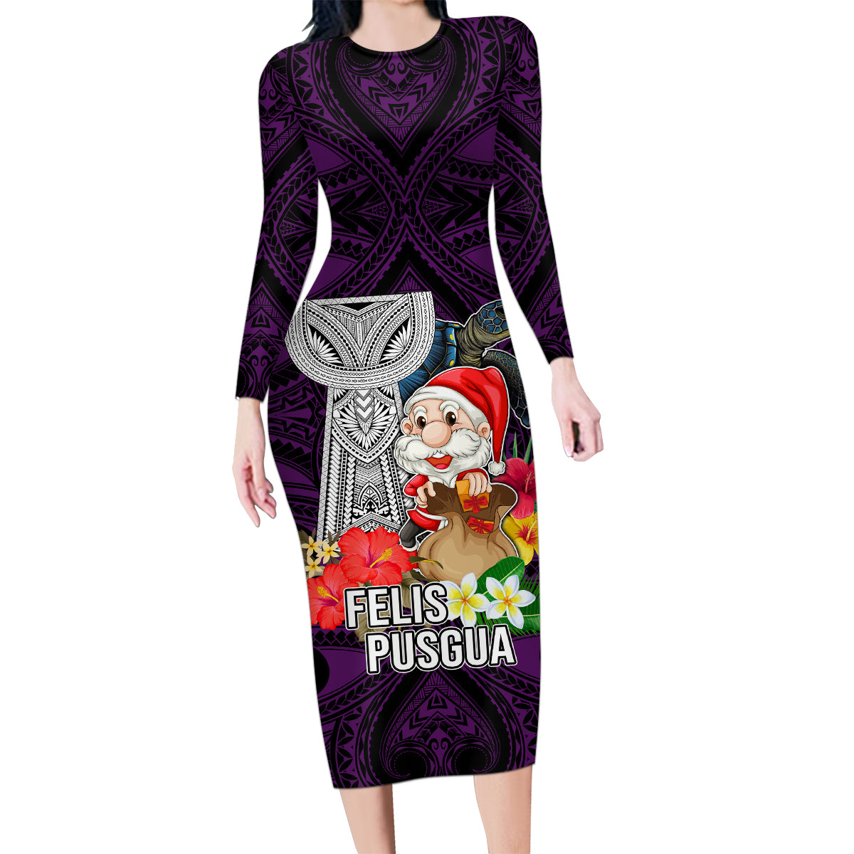 Guam Christmas Family Matching Long Sleeve Bodycon Dress and Hawaiian Shirt Santa Gift Latte Stone and Sea Turle Mix Hibiscus Chamorro Pink Style LT03 Mom's Dress Pink - Polynesian Pride