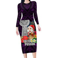 Guam Christmas Family Matching Long Sleeve Bodycon Dress and Hawaiian Shirt Santa Gift Latte Stone and Sea Turle Mix Hibiscus Chamorro Pink Style LT03 Mom's Dress Pink - Polynesian Pride